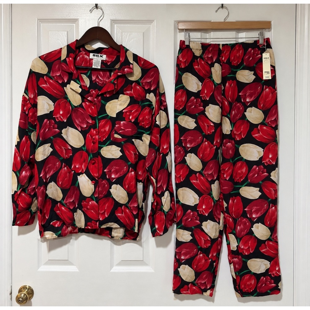 Silx by August Silk 100% Silk Tulip Pajama Set Small Floral Black Red NWT Pants